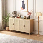 4-Door Rattan Storage Cabinet with Adjustable Shelf and Wood Legs