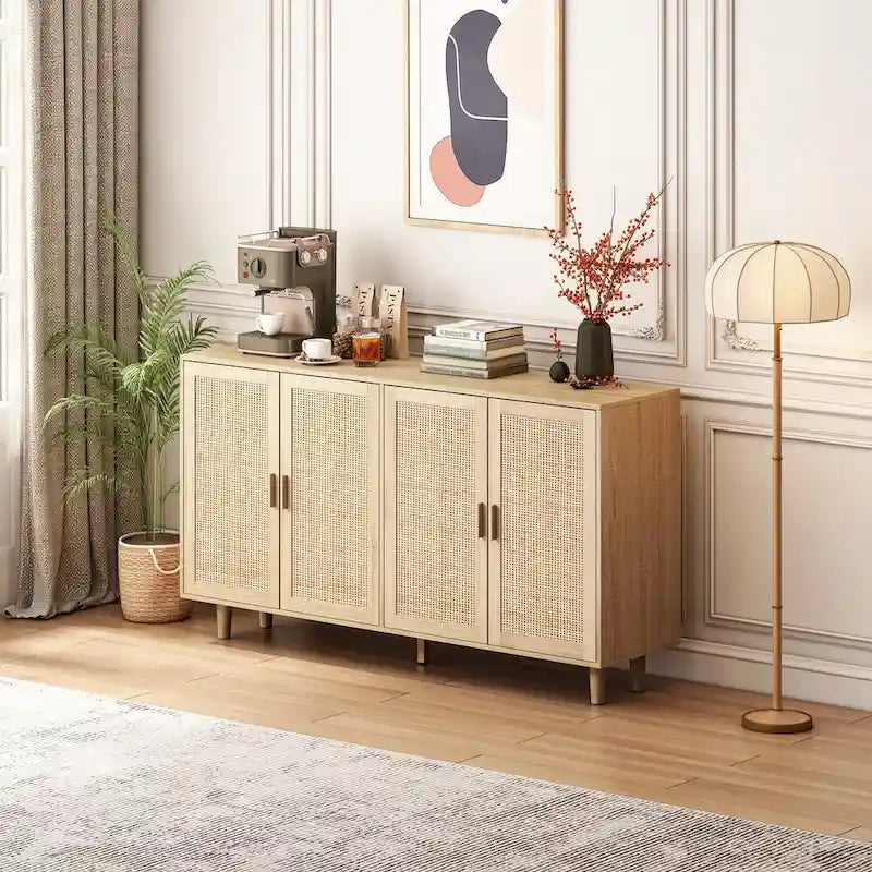 4-Door Rattan Storage Cabinet with Adjustable Shelf and Wood Legs
