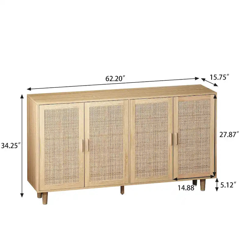 4-Door Rattan Storage Cabinet with Adjustable Shelf and Wood Legs