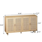 4-Door Rattan Storage Cabinet with Adjustable Shelf and Wood Legs