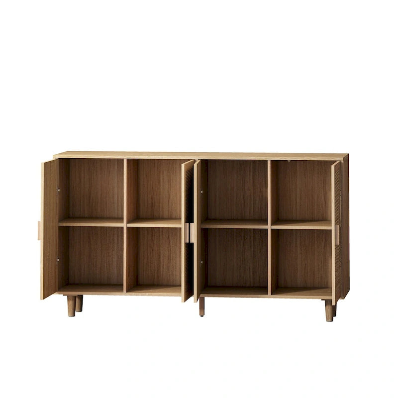 4-Door Rattan Storage Cabinet with Adjustable Shelf and Wood Legs