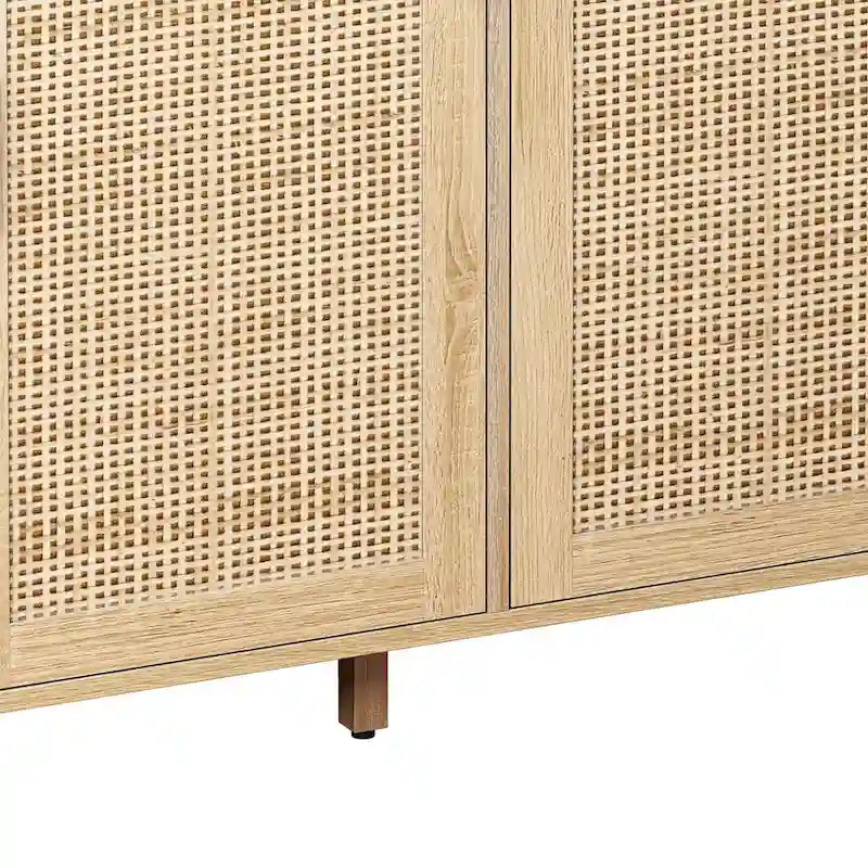 4-Door Rattan Storage Cabinet with Adjustable Shelf and Wood Legs