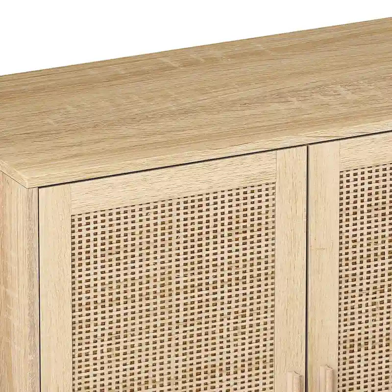 4-Door Rattan Storage Cabinet with Adjustable Shelf and Wood Legs