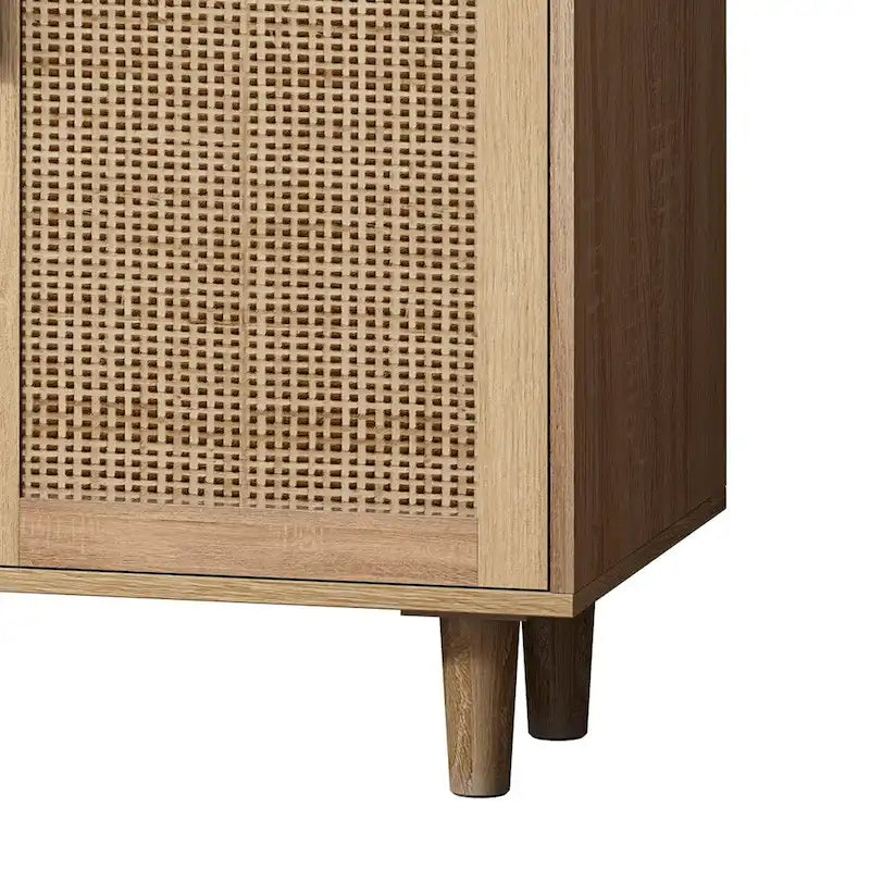 4-Door Rattan Storage Cabinet with Adjustable Shelf and Wood Legs