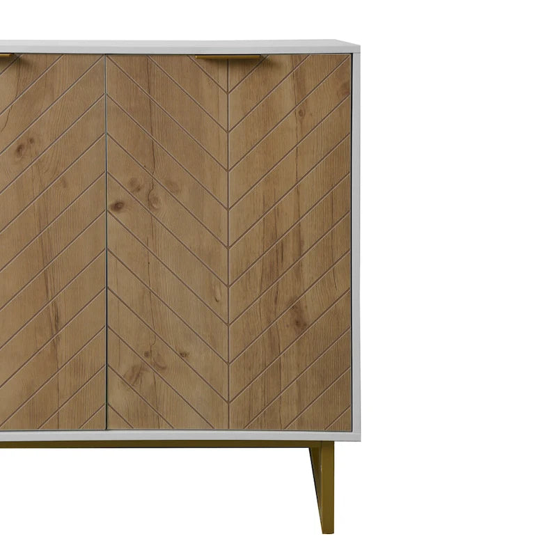 White and Gold Buffet Cabinet with Herringbone Wood Pattern