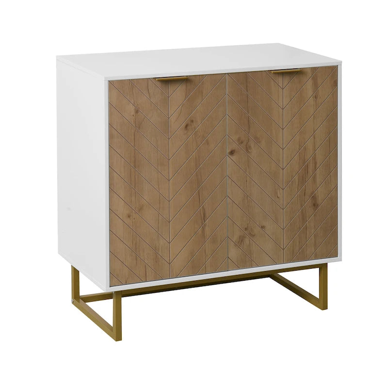 White and Gold Buffet Cabinet with Herringbone Wood Pattern