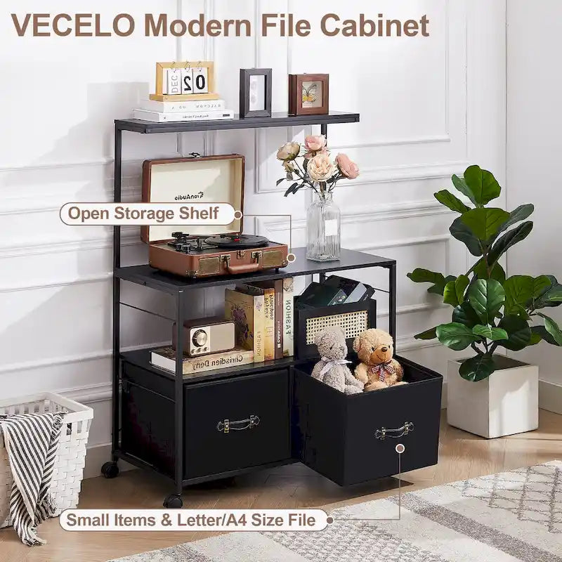 2-Drawer Lateral File Cabinet with Open Storage Shelf and Wheels