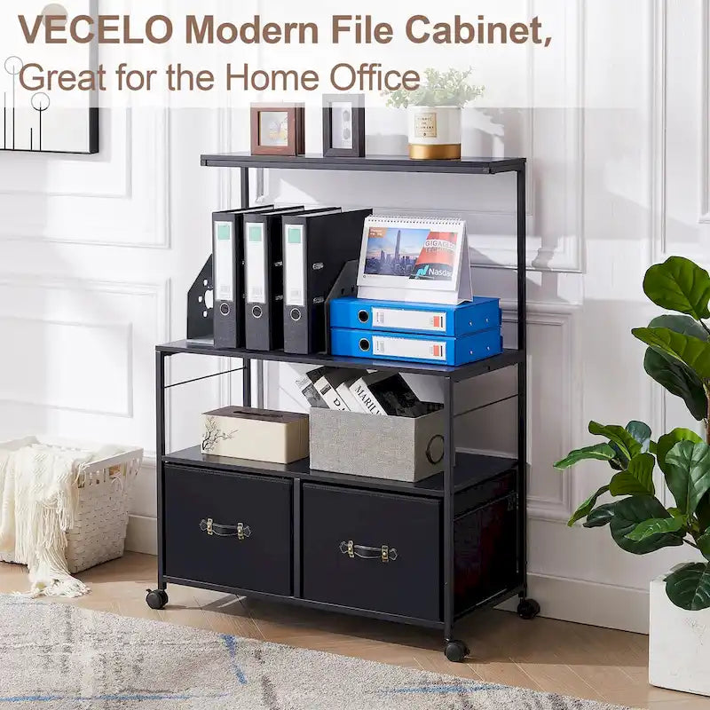 2-Drawer Lateral File Cabinet with Open Storage Shelf and Wheels
