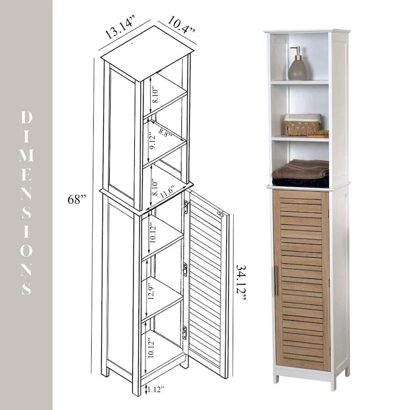 Hoher Badezimmerschrank mit offenen Regalen und geschlossenem Stauraum - 13.14"L x 10.4"W x 68"H