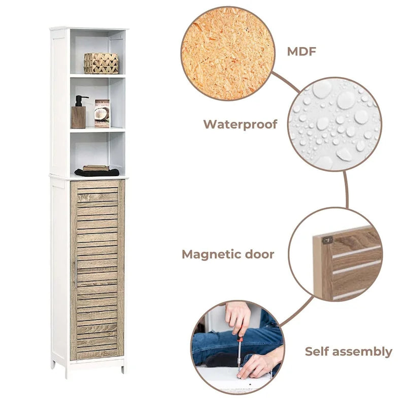 Hoher Badezimmerschrank mit offenen Regalen und geschlossenem Stauraum - 13.14"L x 10.4"W x 68"H