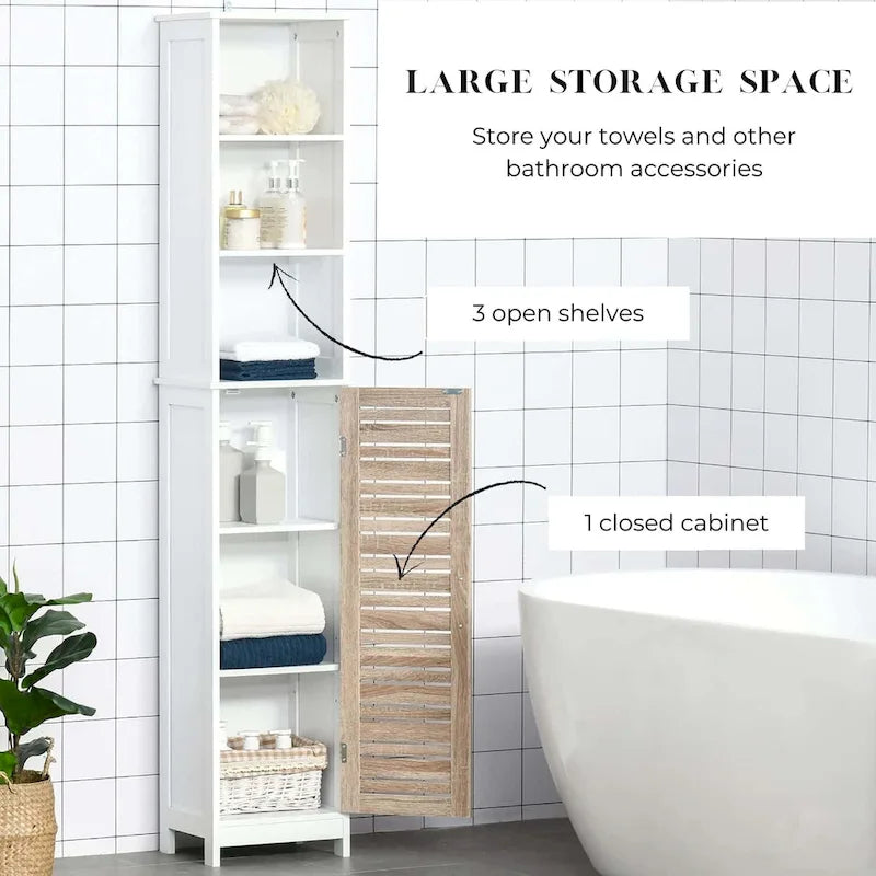 Hoher Badezimmerschrank mit offenen Regalen und geschlossenem Stauraum - 13.14"L x 10.4"W x 68"H