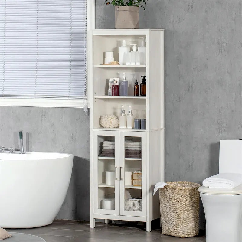 Tall Bathroom Storage Cabinet with 3-Tier Open Shelves and Freestanding Linen Tower