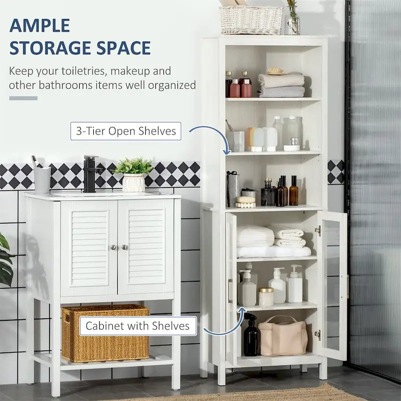 Tall Bathroom Storage Cabinet with 3-Tier Open Shelves and Freestanding Linen Tower