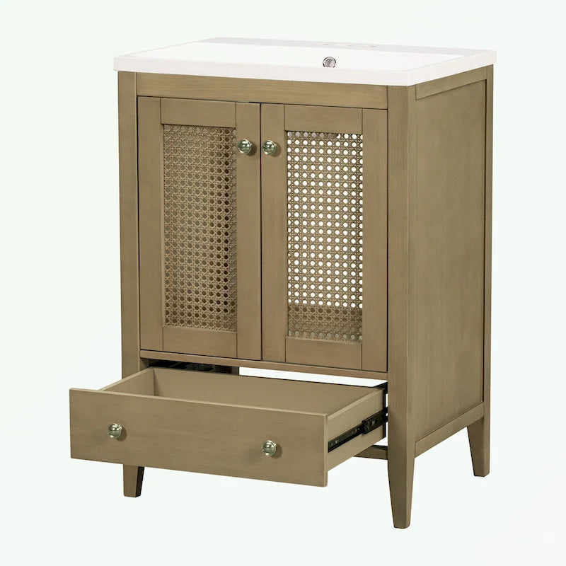 Bathroom Vanity with Ceramic Basin and Two Rattan Doors