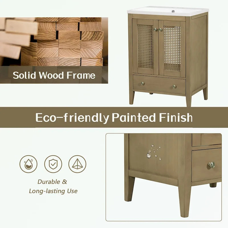Bathroom Vanity with Ceramic Basin and Two Rattan Doors