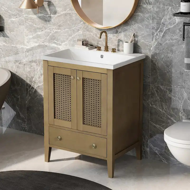 Bathroom Vanity with Ceramic Basin and Two Rattan Doors