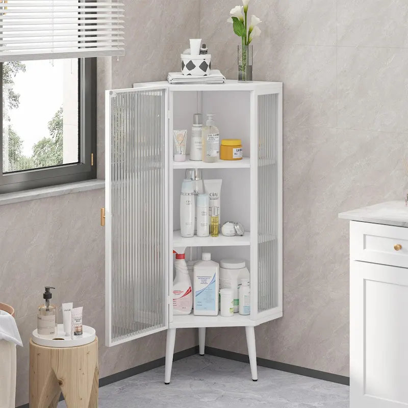 22.25" Floor Corner Cabinet with Tempered Glass Doors and Storage Shelves