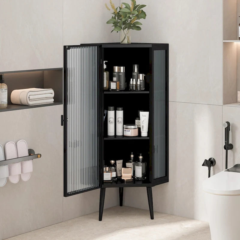 22.25" Floor Corner Cabinet with Tempered Glass Doors and Storage Shelves