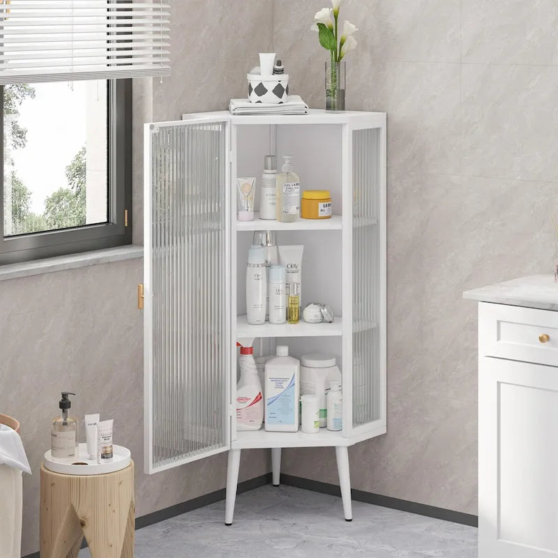 22.25" Floor Corner Cabinet with Tempered Glass Doors and Storage Shelves
