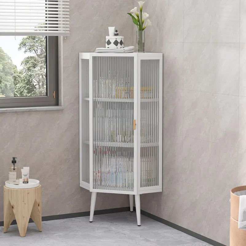 22.25" Floor Corner Cabinet with Tempered Glass Doors and Storage Shelves