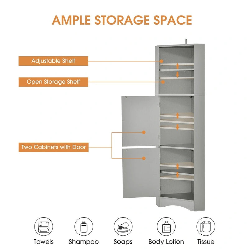 Tall Corner Bathroom Cabinet with Doors and Adjustable Shelves