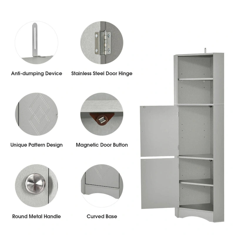 Tall Corner Bathroom Cabinet with Doors and Adjustable Shelves