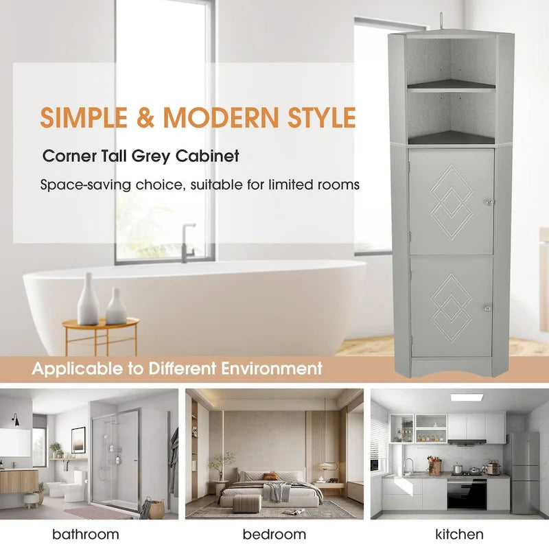 Tall Corner Bathroom Cabinet with Doors and Adjustable Shelves
