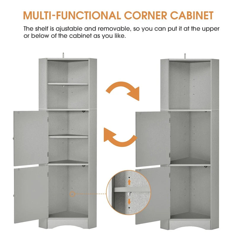 Tall Corner Bathroom Cabinet with Doors and Adjustable Shelves
