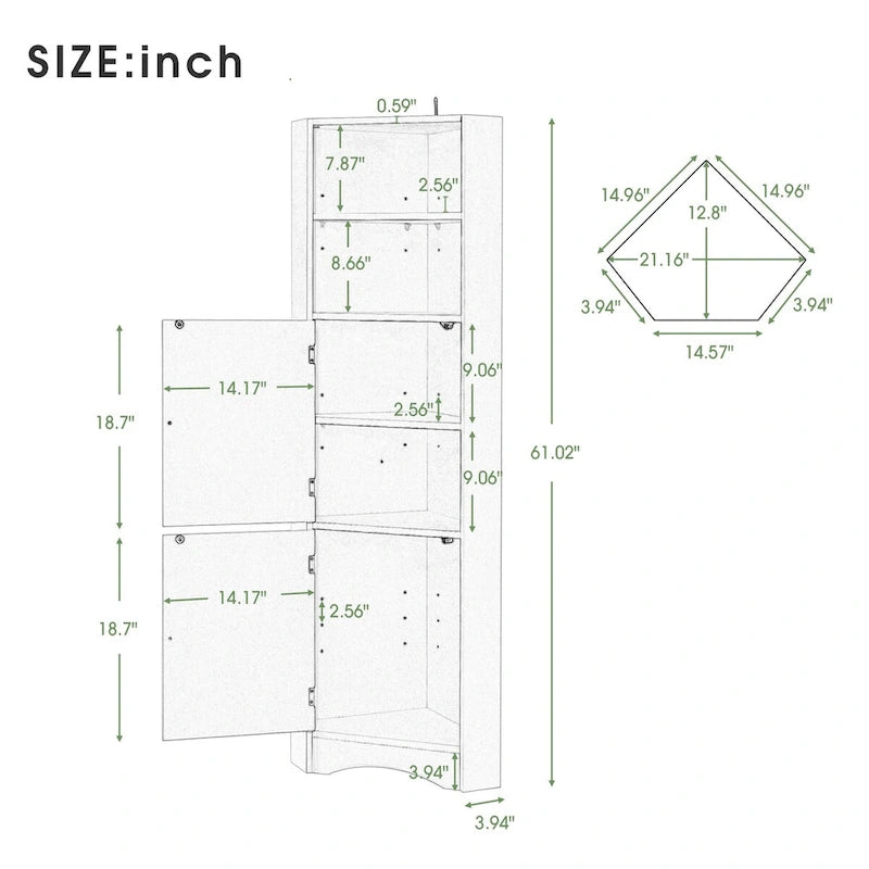 Tall Corner Bathroom Cabinet with Doors and Adjustable Shelves