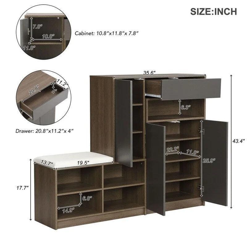 2-in-1 Shoe Storage Bench with Padded Seat and Adjustable Shelves