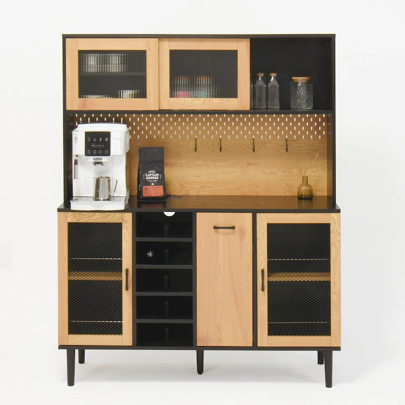 59" H Kitchen Pantry Cabinet with Wine Rack, Drawer, and 4 Storage Doors