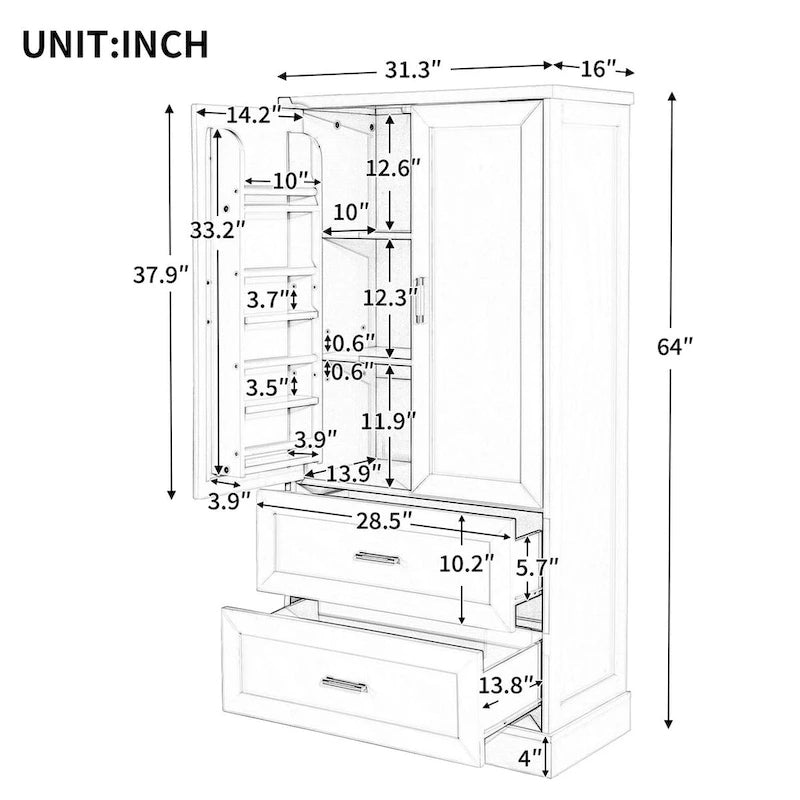 Tall Bathroom Storage Cabinet with Two Doors and Drawers