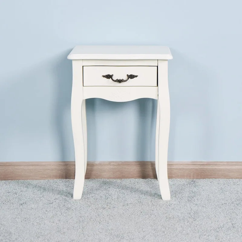 White 2-Tier Nightstand with Drawer and Curved Legs