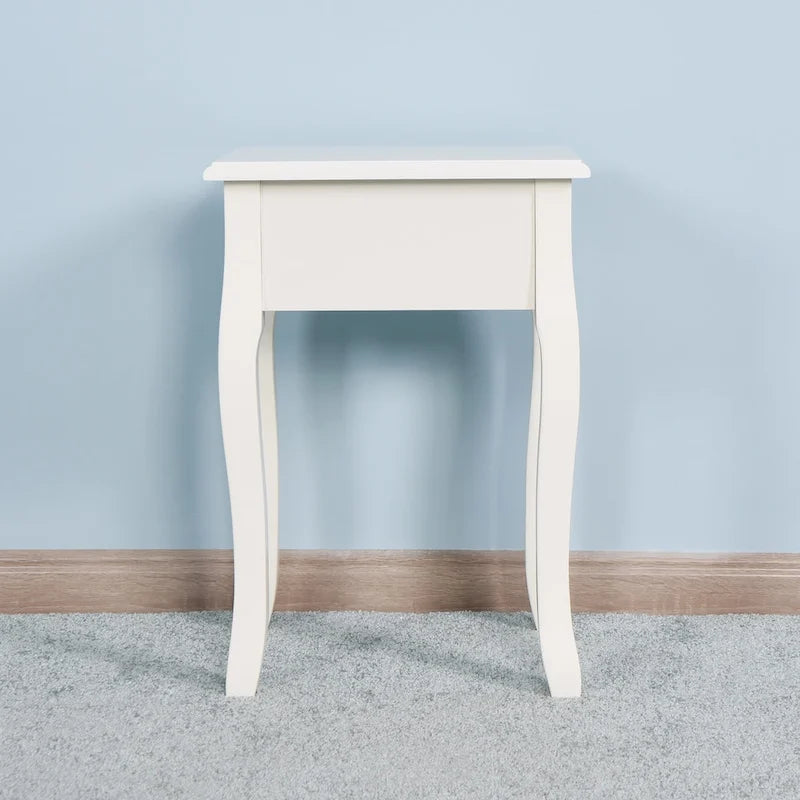 White 2-Tier Nightstand with Drawer and Curved Legs