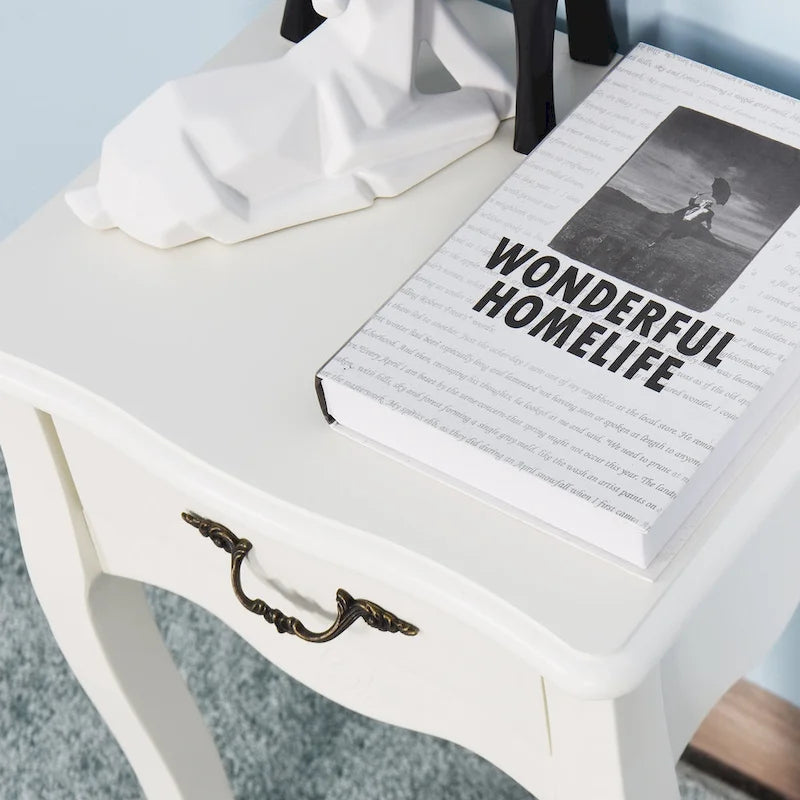 White 2-Tier Nightstand with Drawer and Curved Legs