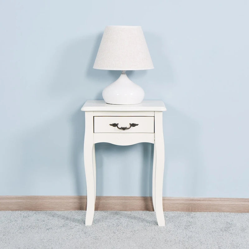 White 2-Tier Nightstand with Drawer and Curved Legs