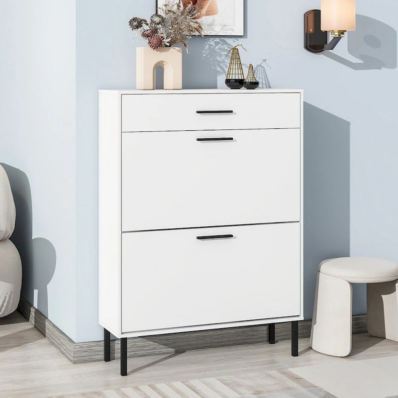 Freestanding Shoe Cabinet with 2 Flip Drawers and Metal Legs