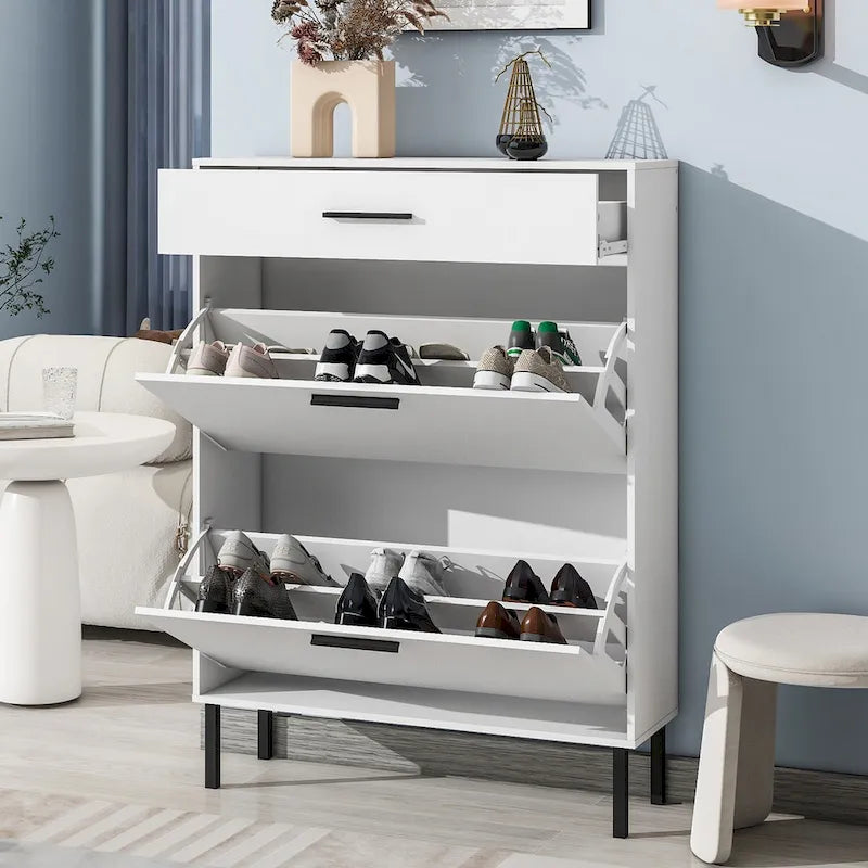 Freestanding Shoe Cabinet with 2 Flip Drawers and Metal Legs