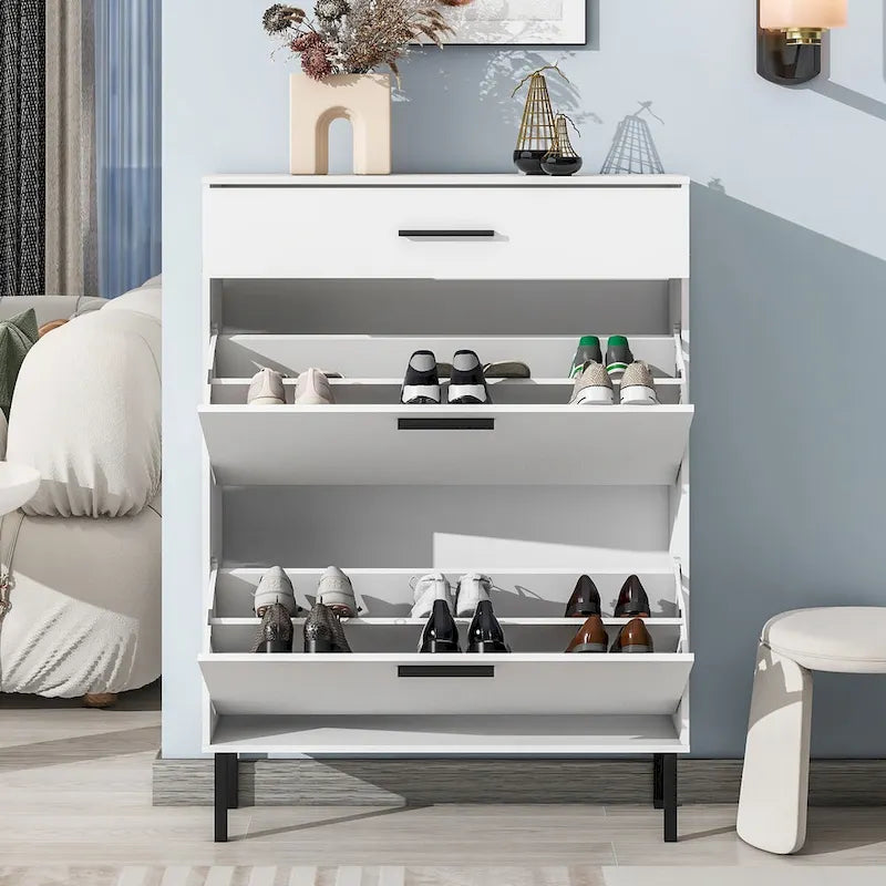 Freestanding Shoe Cabinet with 2 Flip Drawers and Metal Legs