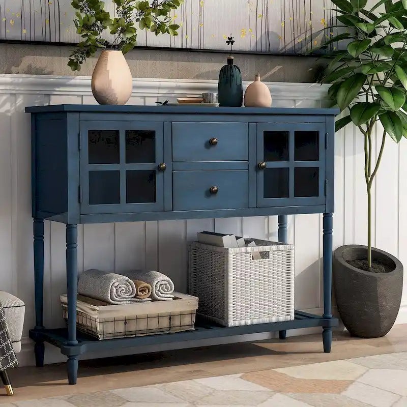 Antique Navy Wood Sideboard Console Table with Bottom Shelf