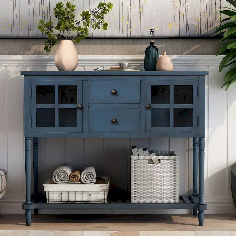 Antique Navy Wood Sideboard Console Table with Bottom Shelf