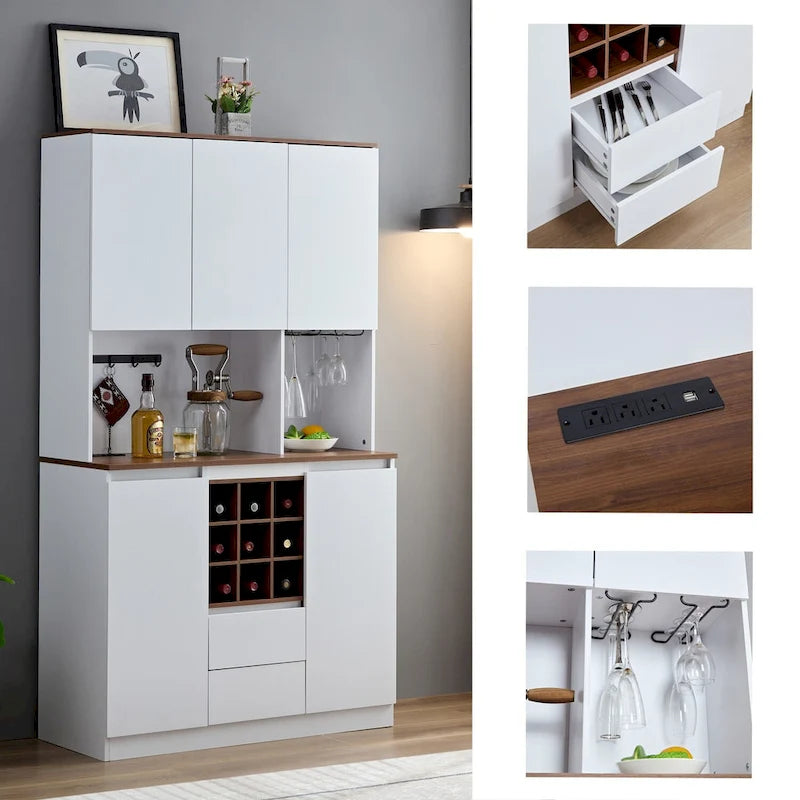 Farmhouse Coffee Bar Wine Cabinet with Charging Station
