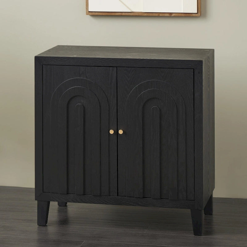 Geometric Art Deco 2-Door Storage Cabinet with Gold Knobs - Black